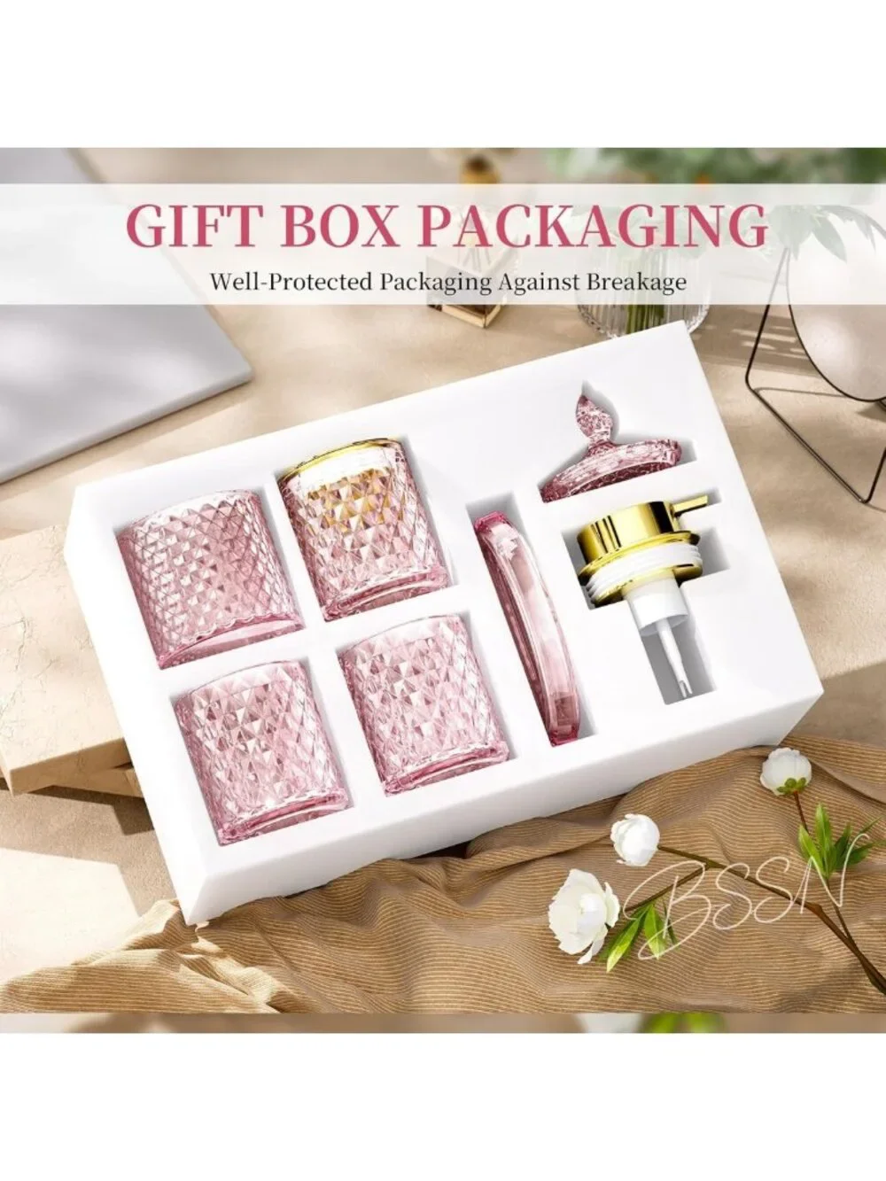 Chic 5-Piece Pink Glass Bathroom Accessories Set for Vanity Decor & Organization